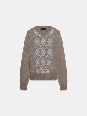 Zara Diamond-Pattern Wool Jumper V-Neck Sweater Pullover Printed Brown